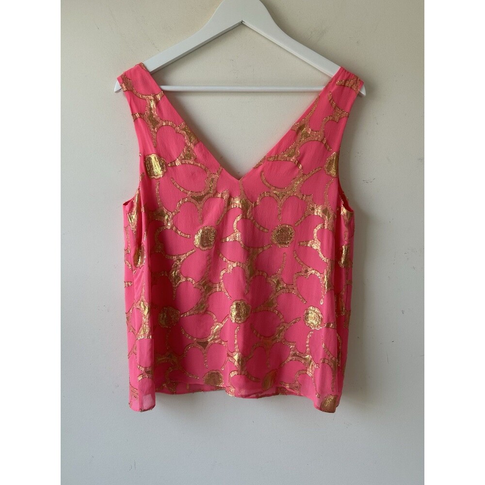 Lilly Pulitzer Tank Top Pink 100% Silk Gold Metallic Flower Pattern Boxy Size M - Picture 2 of 9